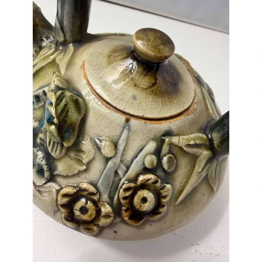 Vintage Ceramic Teapot Cream Green Bamboo Handle Floral Crazed